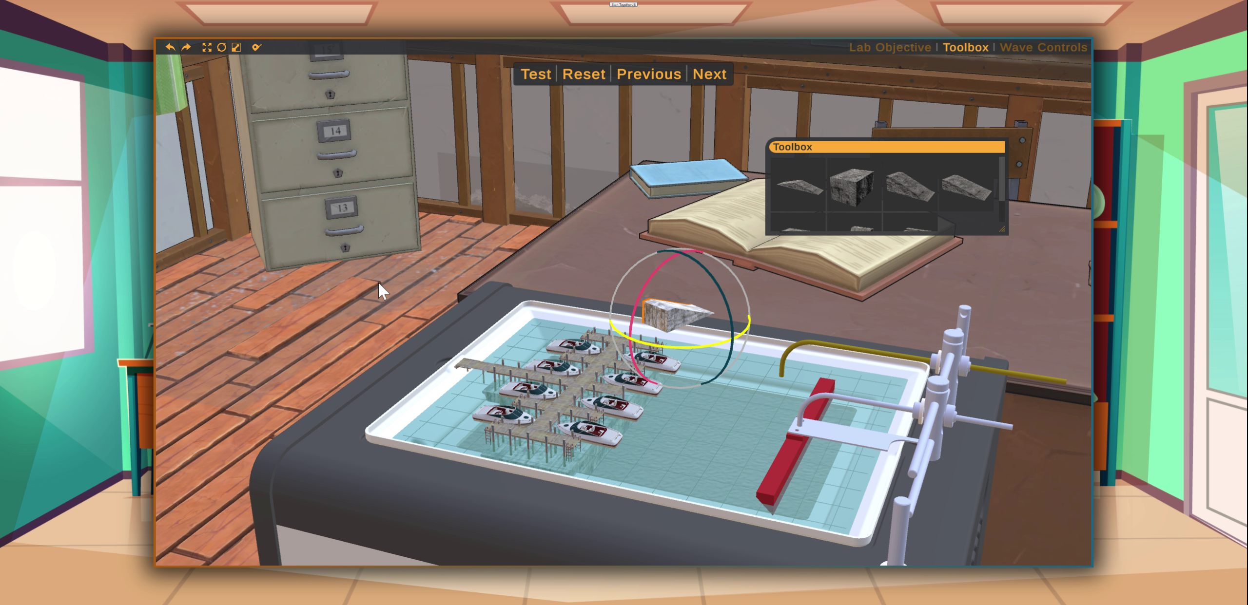 adding and changing the size and position of concrete blocks in a virtual ripple tank.