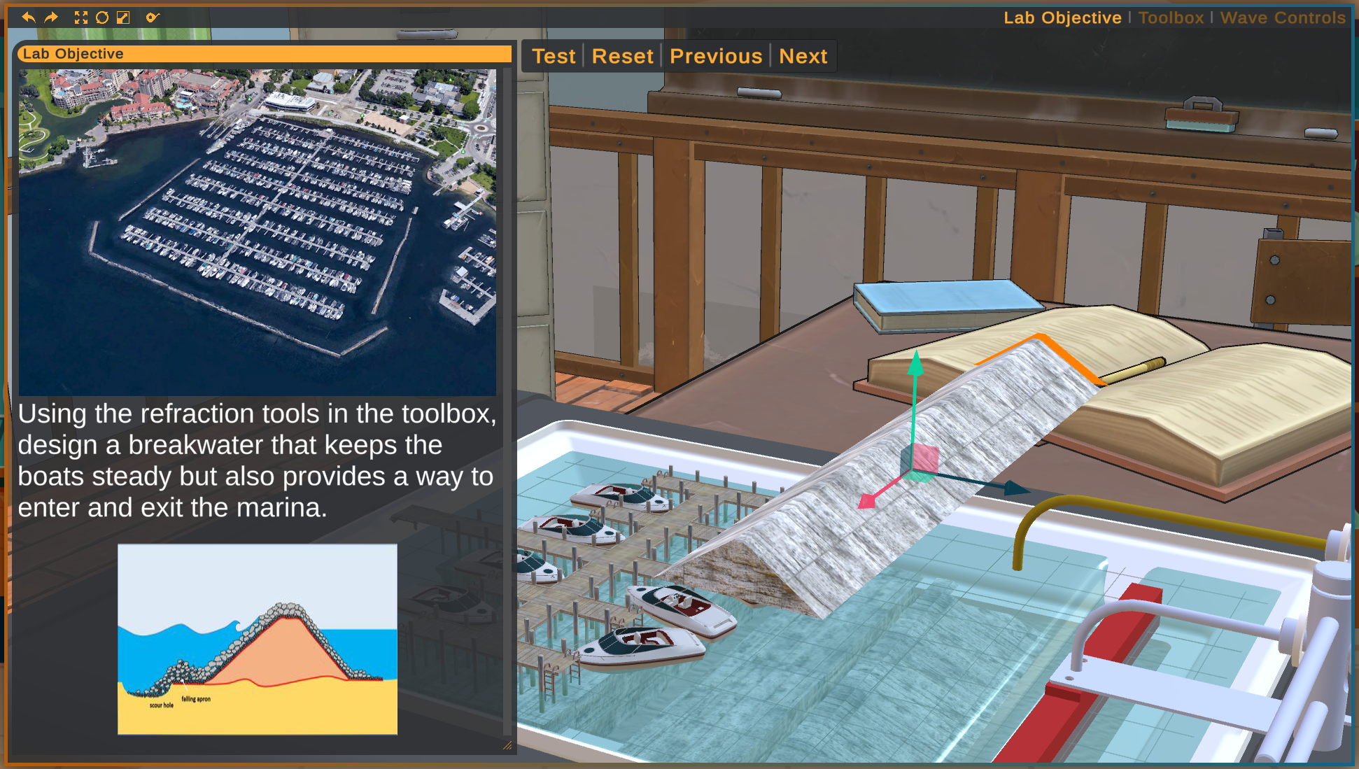 A pane explaining the lab objectives depicts a picture of a marina and an engineering diagram of the breakwaters that surround them